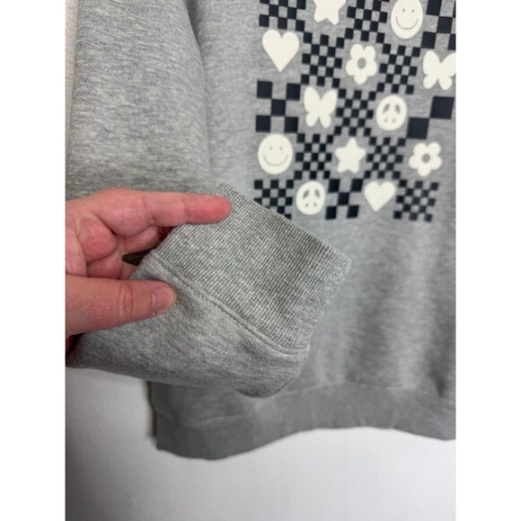Cat & Jack Girls XL Smiley Checkerboard Sweatshirt Gray Crewneck Pullover Fleece - Picture 6 of 8
